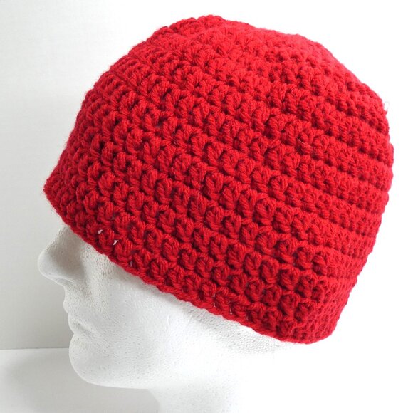 Red Skull Cap OS Men Women Winter Hat Handmade Crochet Thick Hand Knit Warm - Picture 3 of 6